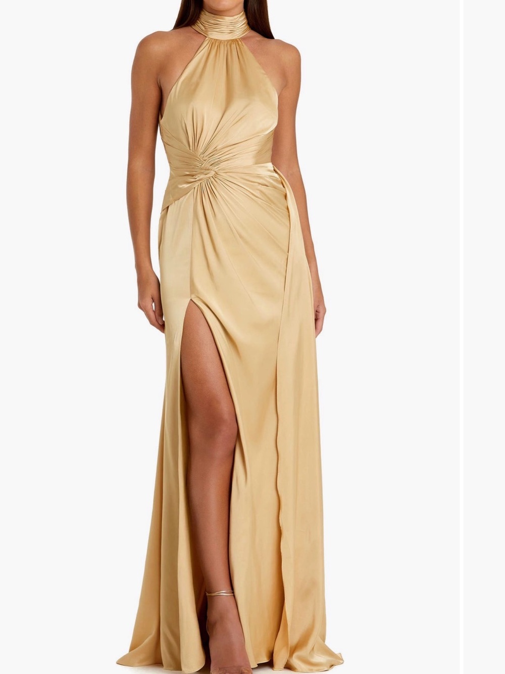 NWT Mac Duggal Gold Open Back High Neck Side Ruched Gown Wedding Guest Dress